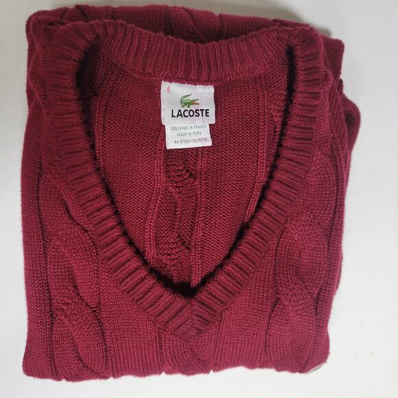 VTG Lacoste Cable Knit Sweater XL+ V-Neck Burgundy Retro Preppy Skater Academia - Picture 9 of 9